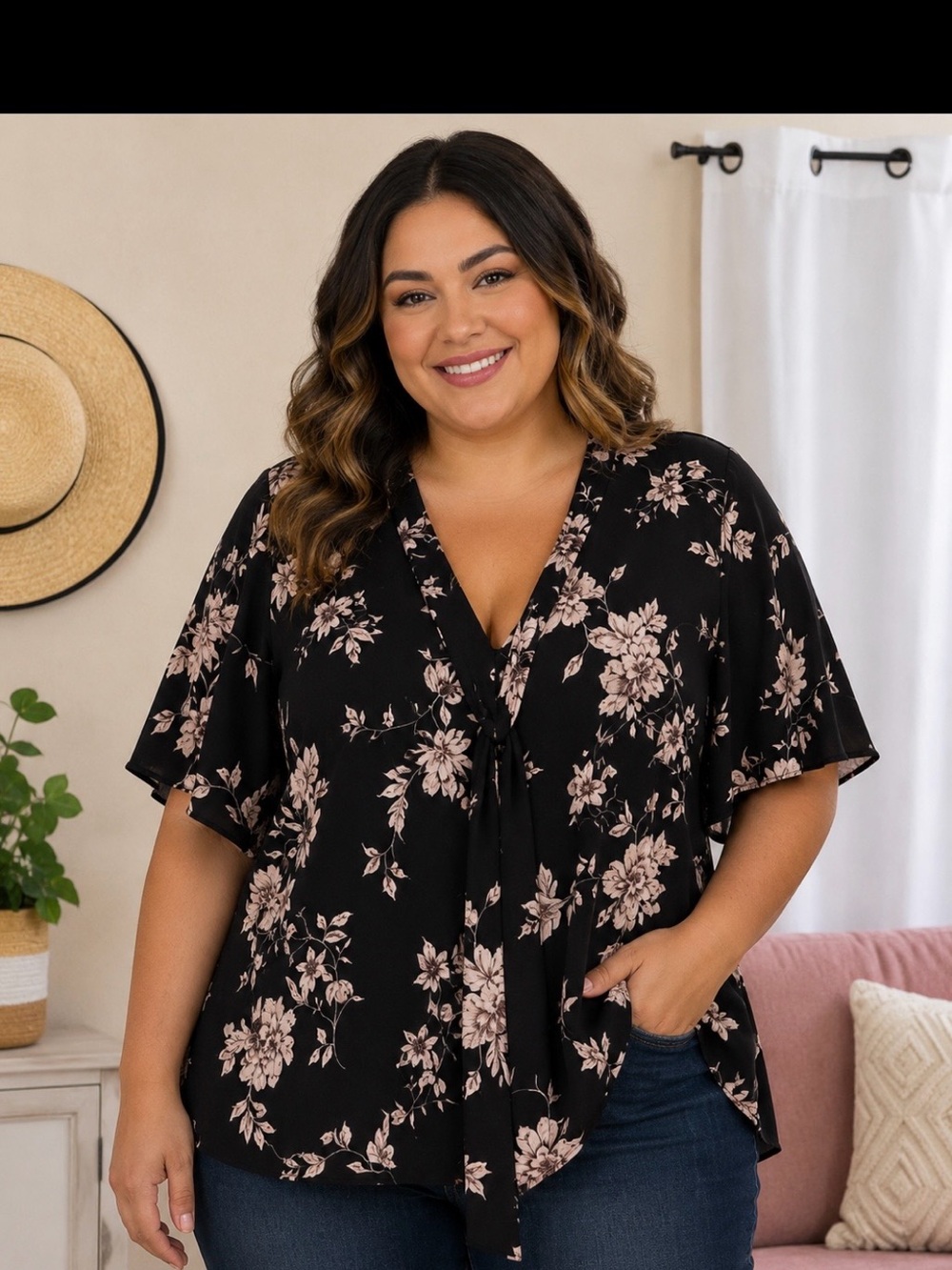 CeCe Black Blouse with Soft Pink Floral Tie-Front